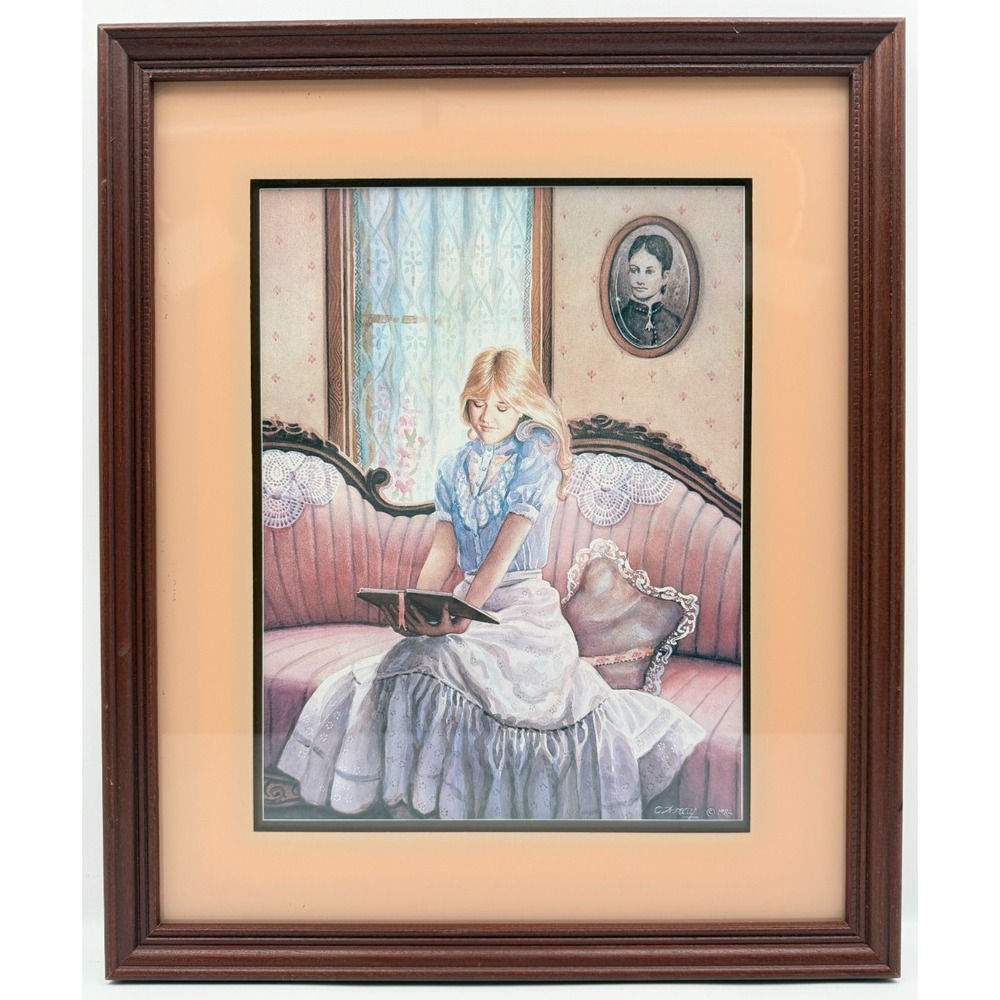 Vintage 1984 C. Wray Framed Art Print Girl Reading Victorian Sofa Homco - CUTE!